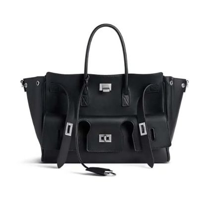 Balenciaga Women Bel Air Small Carry All Bag in Black Smooth Calfskin-Silver