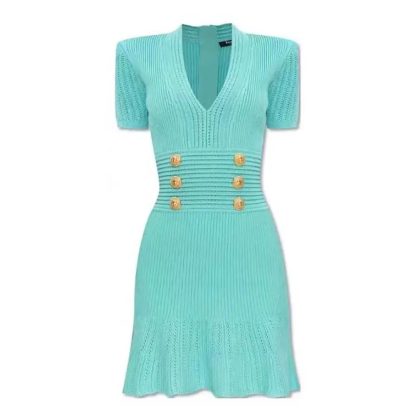 Balmain Women Flared Knit Dress-Light Blue DF1R7320KF247CN