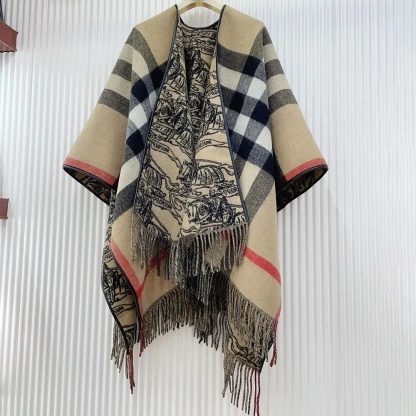 Burberry Women Reversible EKD Check Wool Cape-Brown 80741921 - 图片 4