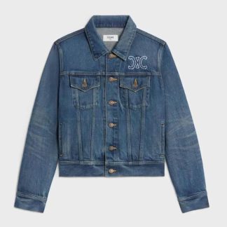 Celine Women Trucker Jacket in Dark Union Wash Denim RV02E930F