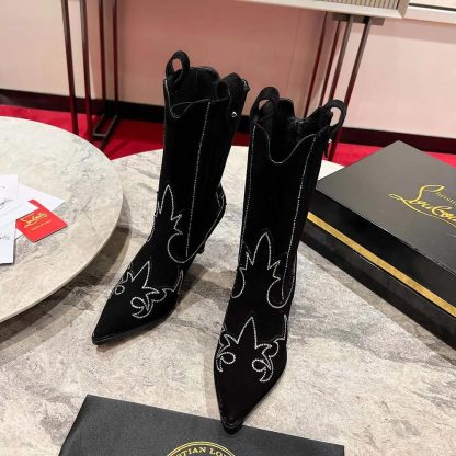 Christian Louboutin Women Santigag Strass 85 mm Low Boots Veau Velours and Strass-Black - 图片 2