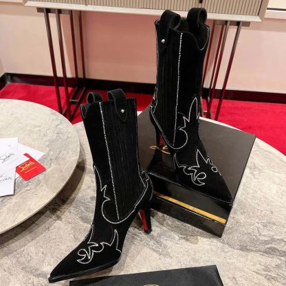 Christian Louboutin Women Santigag Strass 85 mm Low Boots Veau Velours and Strass-Black - 图片 6