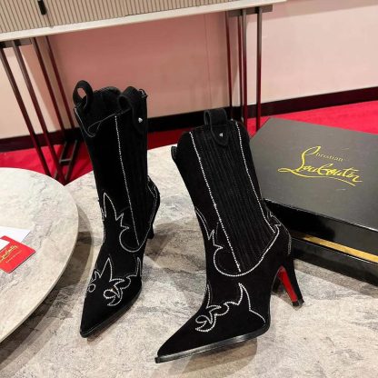Christian Louboutin Women Santigag Strass 85 mm Low Boots Veau Velours and Strass-Black - 图片 4