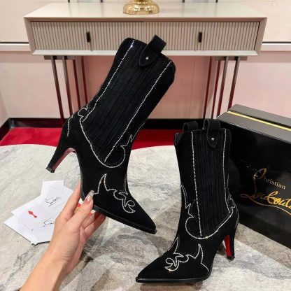 Christian Louboutin Women Santigag Strass 85 mm Low Boots Veau Velours and Strass-Black - 图片 5