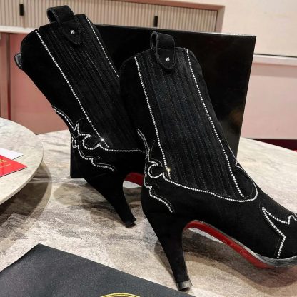 Christian Louboutin Women Santigag Strass 85 mm Low Boots Veau Velours and Strass-Black - 图片 7