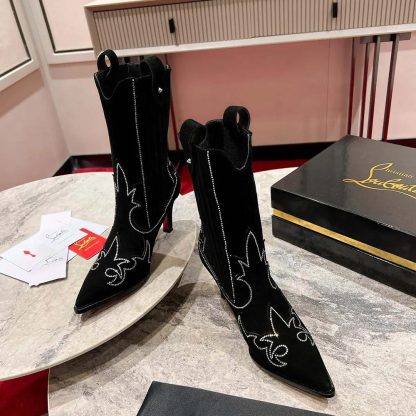 Christian Louboutin Women Santigag Strass 85 mm Low Boots Veau Velours and Strass-Black - 图片 3
