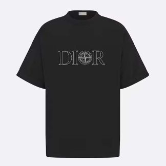 Dior Women Dior and Stone Island T-shirt Oversized Fit Black Cotton Jersey