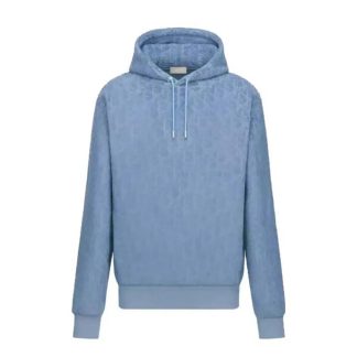 Dior Men Oblique Relaxed-Fit Hooded Sweatshirt Blue Terry Cotton Jacquard