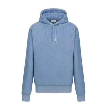 Dior Men Oblique Relaxed-Fit Hooded Sweatshirt Blue Terry Cotton Jacquard