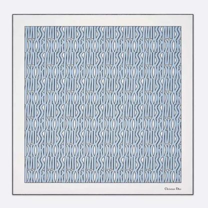Dior Unisex Miss Dior Allover 90 Square Scarf White and Pale Blue Silk Twill