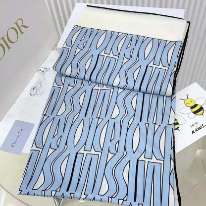 Dior Unisex Miss Dior Allover 90 Square Scarf White and Pale Blue Silk Twill - 图片 7