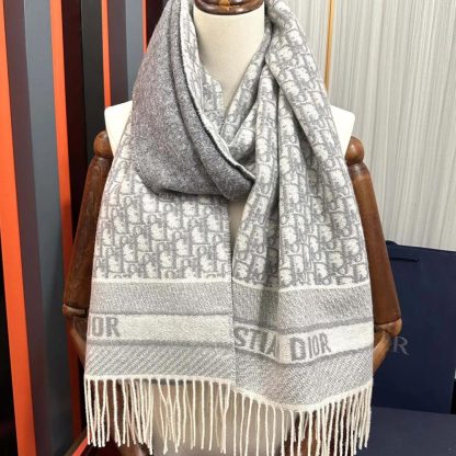 Dior Unisex Oblique Scarf Ecru and Gray Cashmere - 图片 6