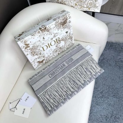 Dior Unisex Oblique Scarf Ecru and Gray Cashmere - 图片 3