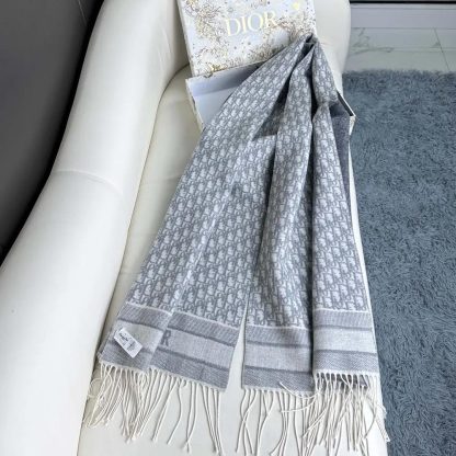 Dior Unisex Oblique Scarf Ecru and Gray Cashmere - 图片 4