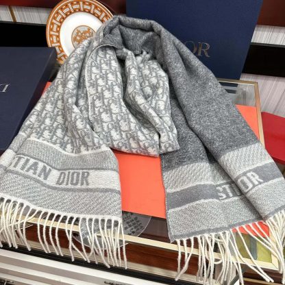 Dior Unisex Oblique Scarf Ecru and Gray Cashmere - 图片 7