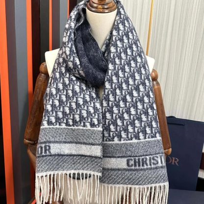 Dior Unisex Oblique Scarf Ecru and Navy Blue Cashmere - 图片 2
