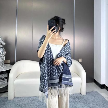 Dior Unisex Oblique Scarf Ecru and Navy Blue Cashmere - 图片 10