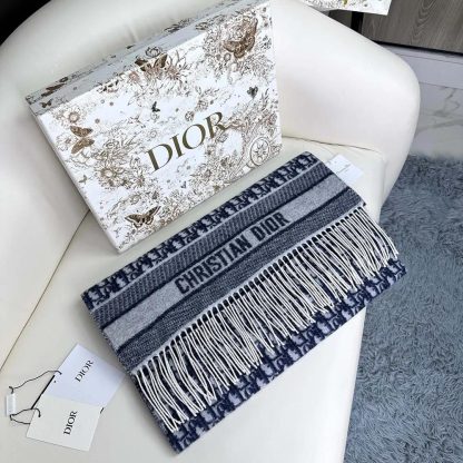 Dior Unisex Oblique Scarf Ecru and Navy Blue Cashmere - 图片 4