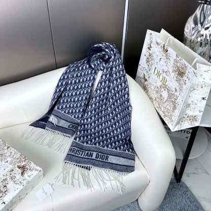 Dior Unisex Oblique Scarf Ecru and Navy Blue Cashmere - 图片 3
