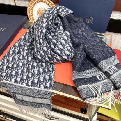 Dior Unisex Oblique Scarf Ecru and Navy Blue Cashmere - 图片 5