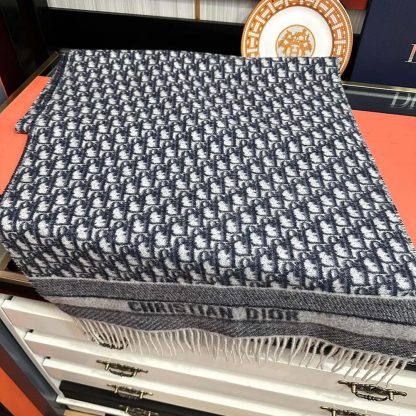 Dior Unisex Oblique Scarf Ecru and Navy Blue Cashmere - 图片 9