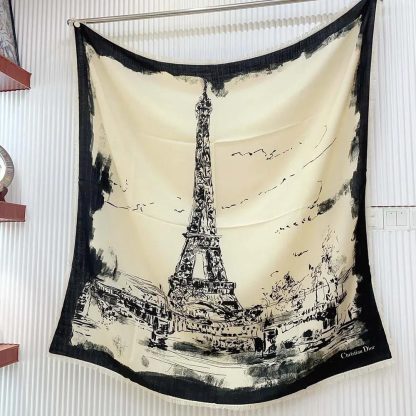 Dior Unisex Paris 90 Square Scarf Ecru and Black Silk Twill - 图片 4