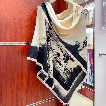 Dior Unisex Paris 90 Square Scarf Ecru and Black Silk Twill - 图片 2