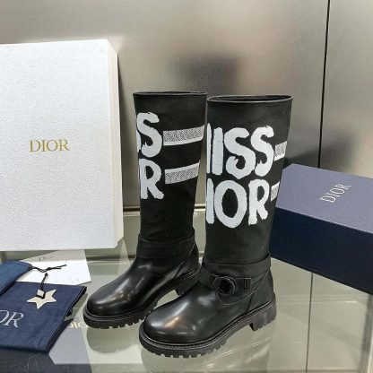 Dior Women D-Major Boot Black Technical Fabric with White Miss Dior Graffiti Print - 图片 3