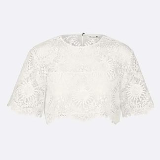 Dior Women Dioriviera Cropped Short-Sleeved Top Ecru Toile de Jouy Soleil Technical Cotton Lace