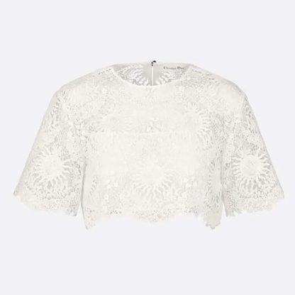 Dior Women Dioriviera Cropped Short-Sleeved Top Ecru Toile de Jouy Soleil Technical Cotton Lace