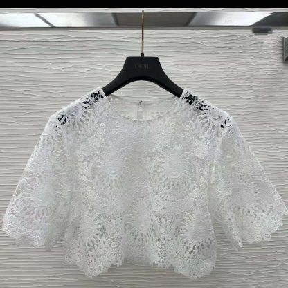 Dior Women Dioriviera Cropped Short-Sleeved Top Ecru Toile de Jouy Soleil Technical Cotton Lace - 图片 2