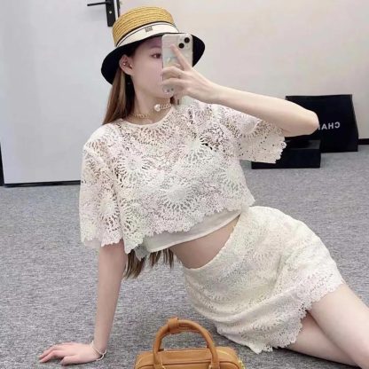 Dior Women Dioriviera Cropped Short-Sleeved Top Ecru Toile de Jouy Soleil Technical Cotton Lace - 图片 8