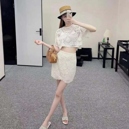 Dior Women Dioriviera Cropped Short-Sleeved Top Ecru Toile de Jouy Soleil Technical Cotton Lace - 图片 7