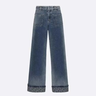 Dior Women Flared Jeans Blue Stonewashed Cotton Denim with Dior Oblique Interior