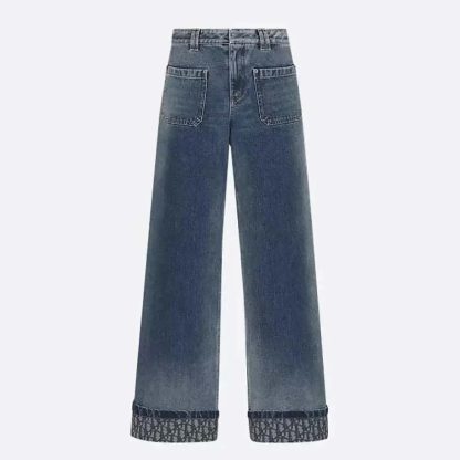 Dior Women Flared Jeans Blue Stonewashed Cotton Denim with Dior Oblique Interior