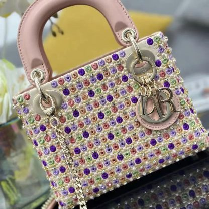 Dior Women Lady Dior Bag Metallic Calfskin and Satin with Celestial Pink Bead Embroidery - 图片 3