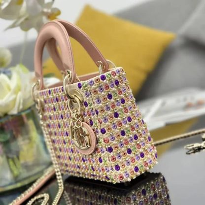 Dior Women Lady Dior Bag Metallic Calfskin and Satin with Celestial Pink Bead Embroidery - 图片 4