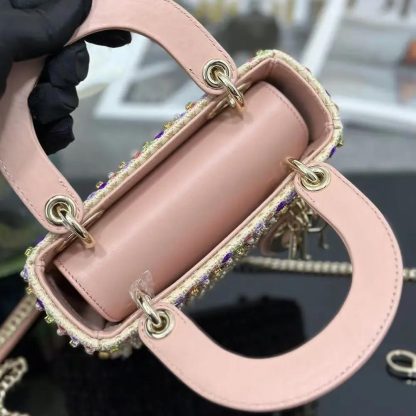 Dior Women Lady Dior Bag Metallic Calfskin and Satin with Celestial Pink Bead Embroidery - 图片 6