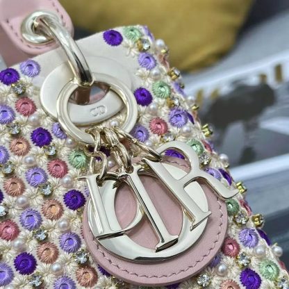 Dior Women Lady Dior Bag Metallic Calfskin and Satin with Celestial Pink Bead Embroidery - 图片 7