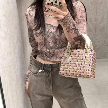 Dior Women Lady Dior Bag Metallic Calfskin and Satin with Celestial Pink Bead Embroidery - 图片 8