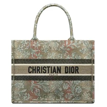 Dior Women Large Dior Book Tote Metallic Green Dior Brocart Embroidery
