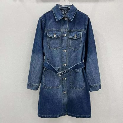 Dior Women Long Belted Jacket Blue Stonewashed Cotton Denim with Dior Oblique Interior - 图片 2