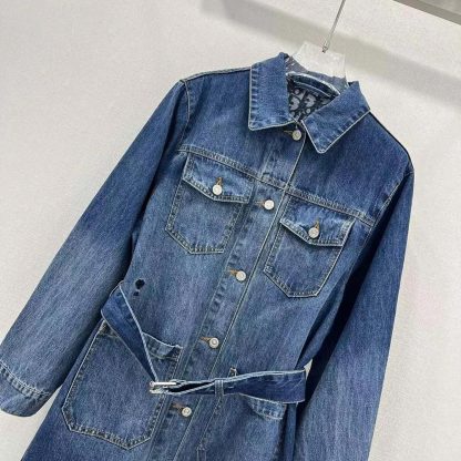 Dior Women Long Belted Jacket Blue Stonewashed Cotton Denim with Dior Oblique Interior - 图片 4