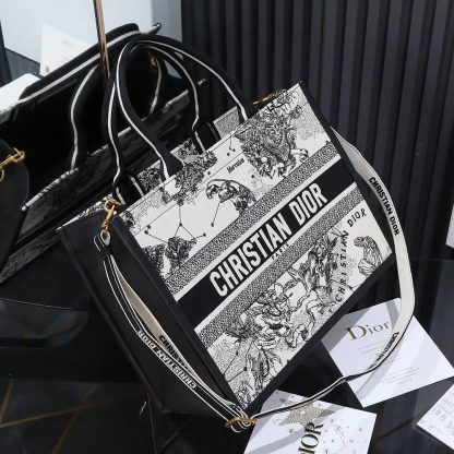 Dior Women Medium Dior Book Tote Latte and Black Dior Zodiac Embroidery with Black Calfskin - 图片 3