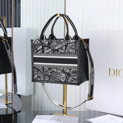 Dior Women Small Dior Book Tote Black and White Plan de Paris Embroidery with Black Calfskin - 图片 3