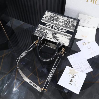 Dior Women Small Dior Book Tote Latte and Black Dior Zodiac Embroidery with Black Calfskin - 图片 5