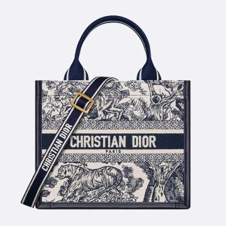 Dior Women Small Dior Book Tote White and Navy Blue Toile de Jouy Sauvage Embroidery