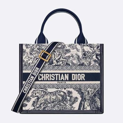 Dior Women Small Dior Book Tote White and Navy Blue Toile de Jouy Sauvage Embroidery