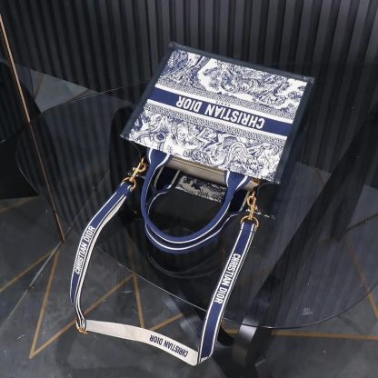 Dior Women Small Dior Book Tote White and Navy Blue Toile de Jouy Sauvage Embroidery - 图片 5