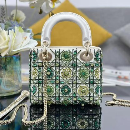 Dior Women Small Lady Dior Bag Metallic Calfskin and Satin with Celestial Green Bead Embroidery - 图片 2
